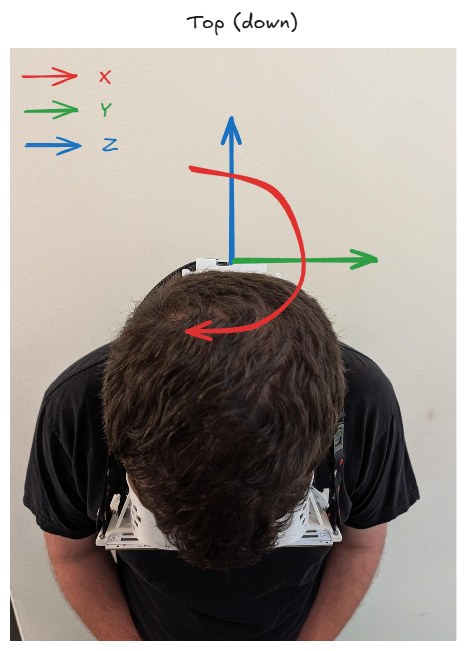 Top-down view of the head, IMU axes annotated