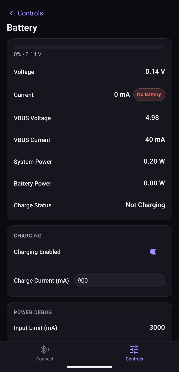The companion app's Battery page, showing the Charge Current (mA) setting