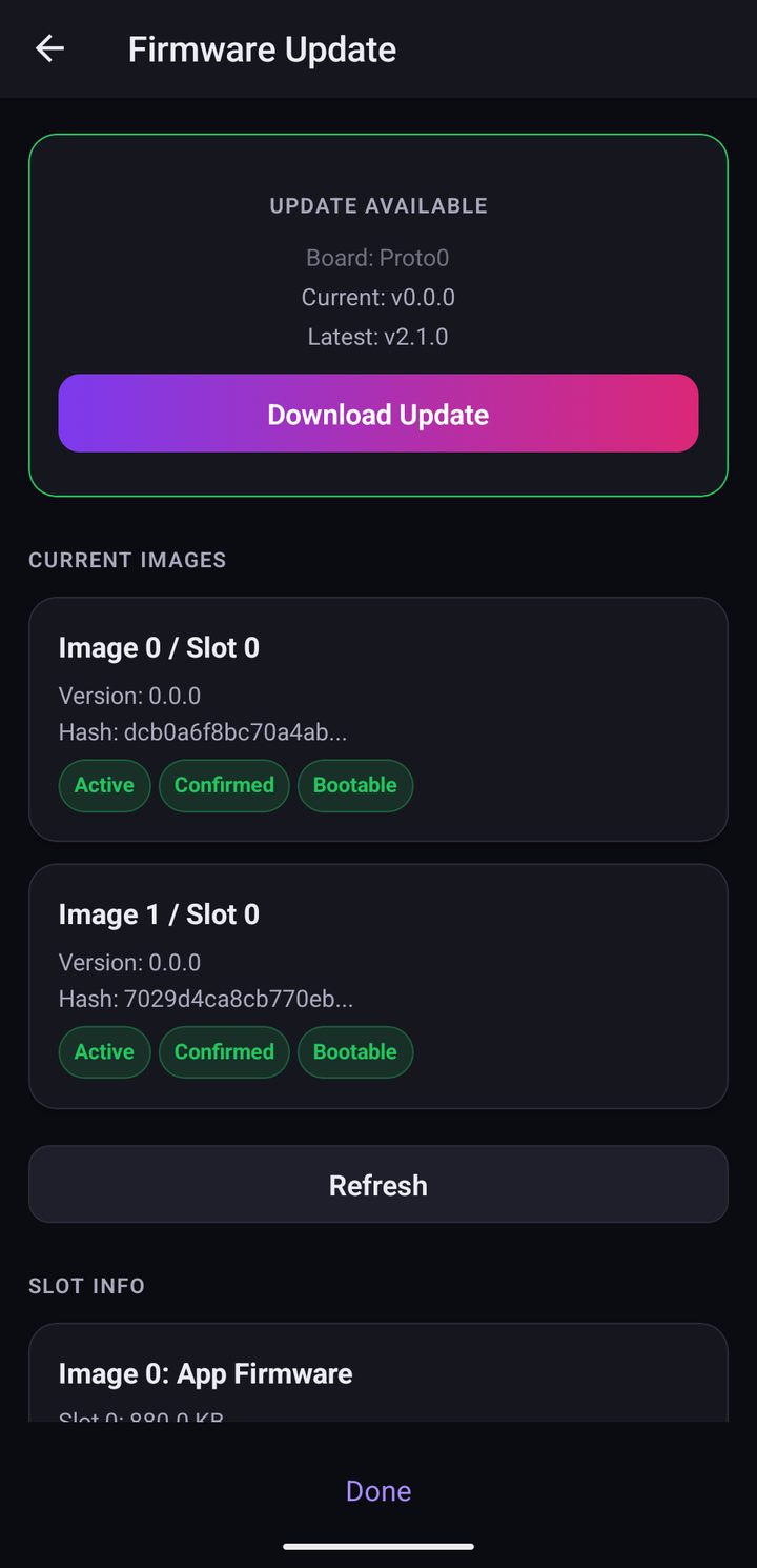 Firmware Update page showing an available update