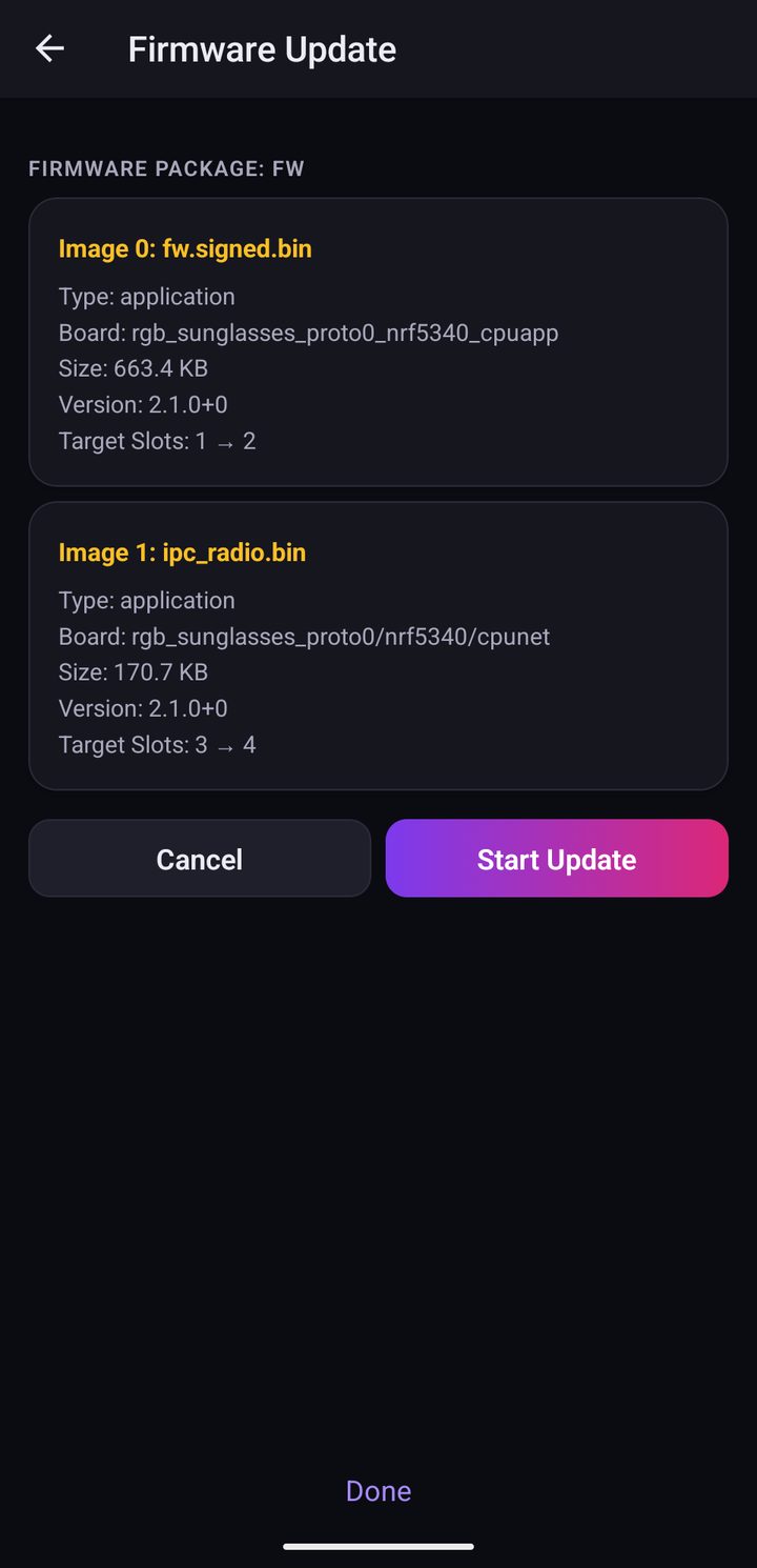 Firmware package preview with Start Update button